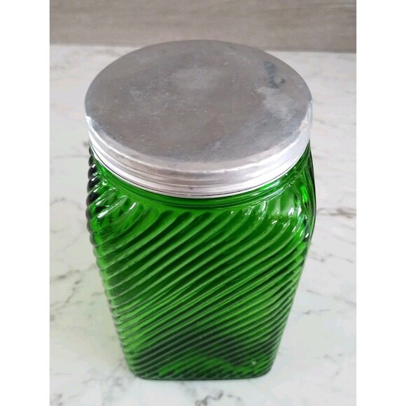 Vintage Owens Illinois Green Ribbed Glass Cereal Canister Depression Glass - Picture 6 of 9